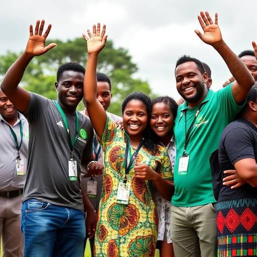 A group of happy Ugandan entrepreneurs celebrating their success, representing financial empowerment.