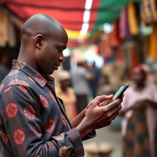A Ugandan man using his mobile phone for a mobile money transaction in a market setting.
