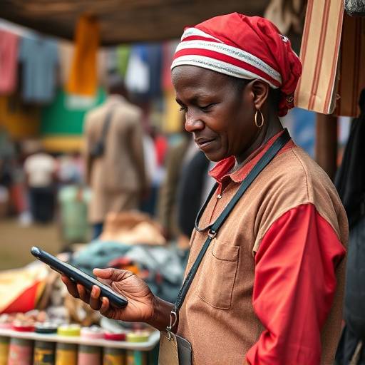 A Ugandan vendor using a mobile payment system to receive money