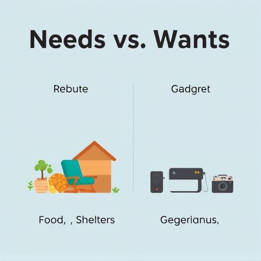 A visual representation differentiating between essential needs (food, shelter) and non-essential wants (expensive gadgets, entertainment).