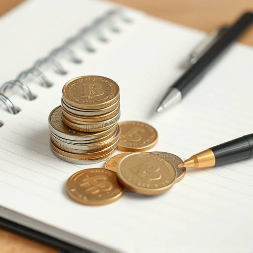 A visual representation of budgeting: coins and a notebook with a pen, symbolizing planning.