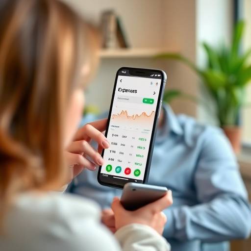 Image depicting a person tracking their expenses using a mobile app on a smartphone, showing different spending categories and amounts.