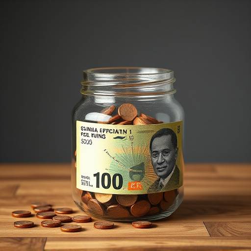 Image depicting a savings jar with Ugandan shillings being dropped in, symbolizing saving money.