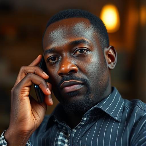 Portrait of David Okello using mobile money on his phone