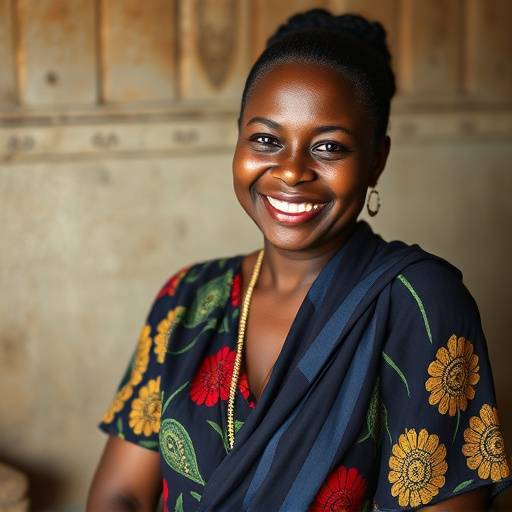 Smiling Ugandan woman calculating her finances, representing financial empowerment.